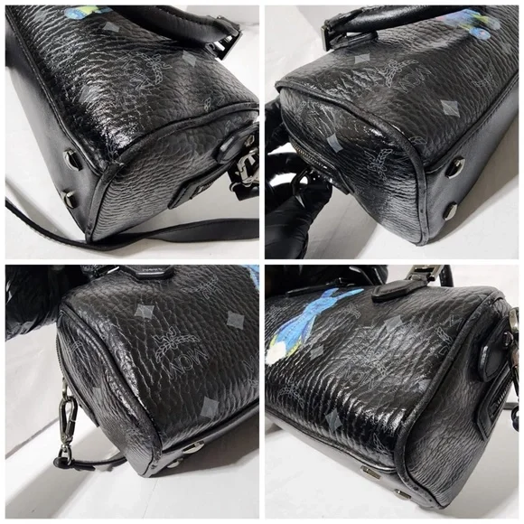 Authentic MCM Visestos Rabbit Small Boston Satchel Bag Black